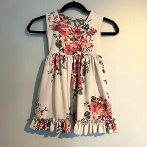 Cheeky Plum Sleeveless Tie Neck Twirl Dress, Cream with Rose Floral, 4T
